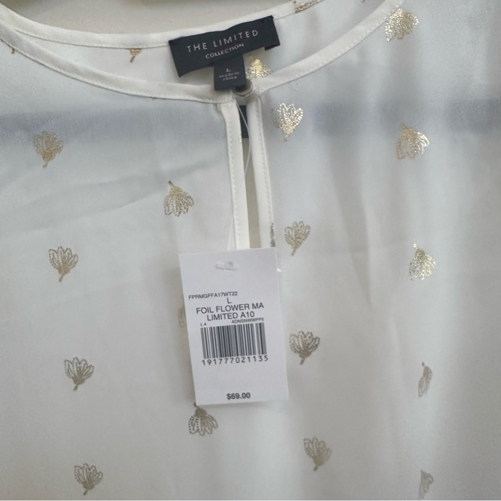NWT! The Limited Sheer White w/ Gold Blouse w/ open panel sleeves in size Large - Picture 6 of 8